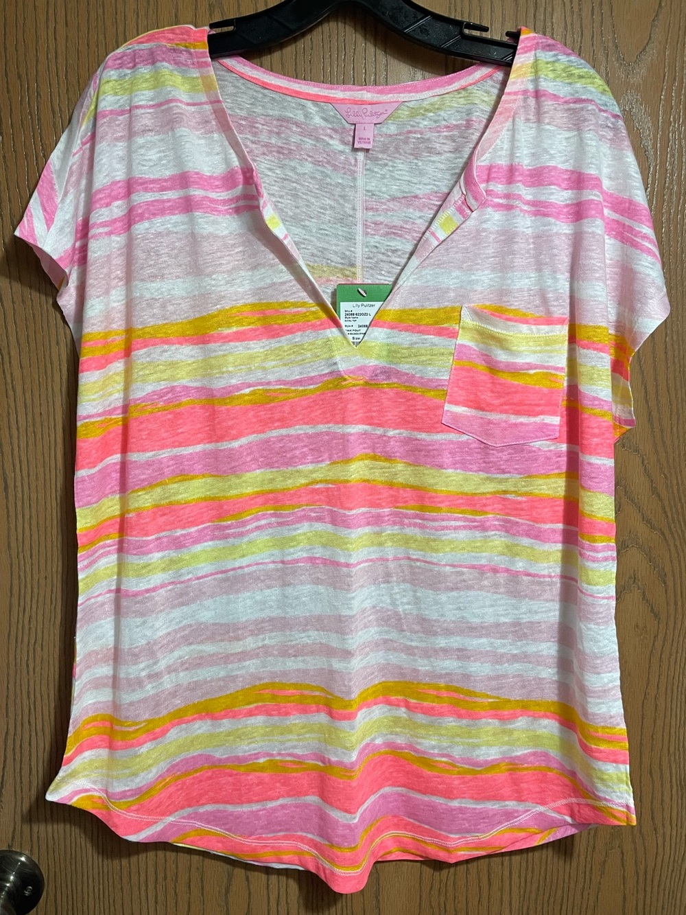 NWT Lilly Pulitzer Tee with Neon Stripes & V-Neck in Pink, Yellow & White